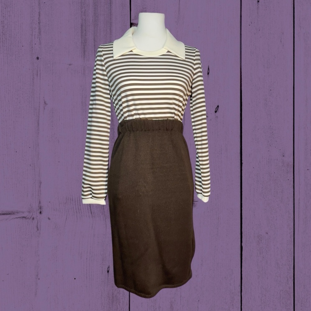 JCPenny Vintage Brown Striped Polo Top Medium - Picture 10 of 12